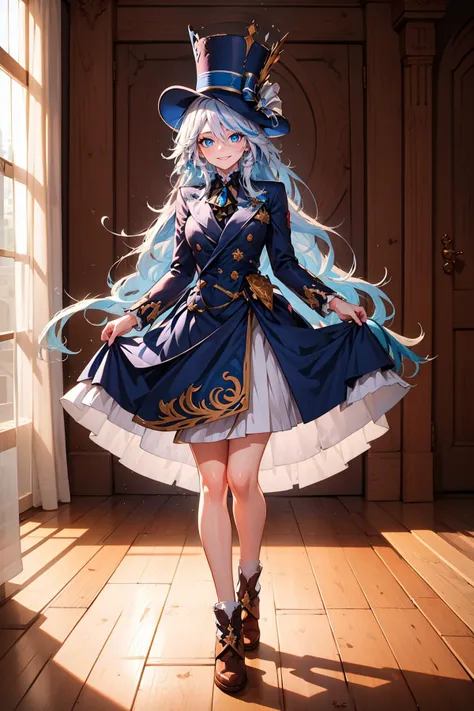 masterpiece, best quality, highres, absurdres, ultra detailed,
1girl, furina, white hair, streaked hair, blue hair, blue eyes, top hat, curtsey, standing, happy, soft smile
looking at viewer, full body, cowboy shot,
<lora:furina by goofy ai:1.0>, <lora:curtsey-gesture-v1:0.8>