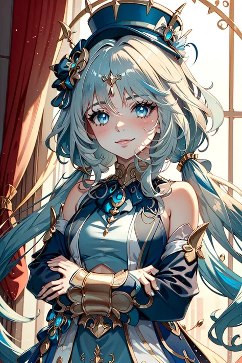 (;3:1.2),<lora:EnvyBeautyMix21:0.8>,(<lora:furina:0.8>,furina,white hair,streaked hair,blue hair,blue eyes,top hat),<lora:nilouGenshinImpact_nilouv2:0.7>, nilou_genshin,