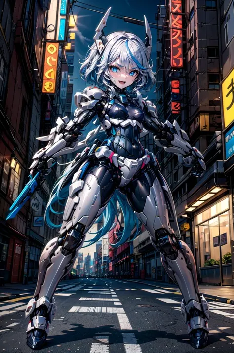 (masterpiece, best quality, detailed), 1girl, solo, furina, white hair, streaked hair, blue hair, blue eyes, looking at viewer, small breasts,
<lora:mecha_offset:1> mecha musume,mechanical parts, robot joints,single mechanical arm, headgear, mecha corset, full armor, outdoors, cyberpunk, city, night, city lights, neon lights, fighting stance, (clenched hands), legs apart, v-shaped eyebrows, open mouth, smile