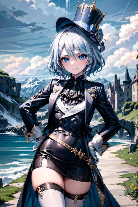 (masterpiece, best quality, detailed), 1girl, solo, furina, white hair, streaked hair, blue hair, blue eyes, looking at viewer, small breasts, top hat, smug, v-shaped eyebrows,
thighhighs, gloves, long sleeves, hat, jacket, black thighhighs, white gloves, ascot, blue dress, blue headwear, brooch, outdoors, mountain, castle, fantasy, scenery, sky, rain, cloudy sky, storm, wind, arms on hips
