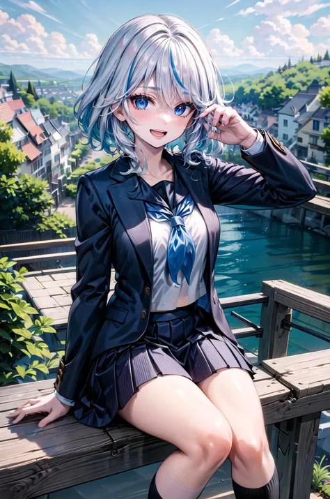(masterpiece, best quality, detailed), 1girl, solo, furina, white hair, streaked hair, blue hair, blue eyes, looking at viewer, small breasts,
school uniform, serafuku, pleated skirt, neckerchief, blazer, kneehighs, outdoors, house, rural, village, scenery, path, river, bridge, claw pose, open mouth, teeth, smile