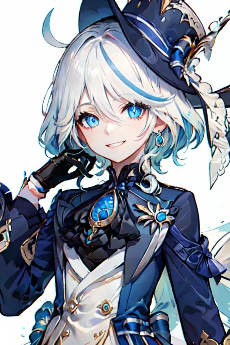 <lora:furina:1> furina, 1girl, solo, long hair, looking at viewer, smile, blue eyes, simple background, gloves, long sleeves, hat, white background, hair between eyes, jewelry, blue hair, upper body, white hair, earrings, black gloves, streaked hair, brooch