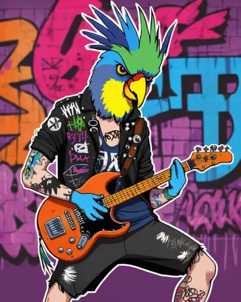 A defiant avian with a beak piercing and spiked feathers, poses with a graffiti-covered guitar, capturing the rebellious spirit of punk music and creativity:1.5, defiant avian:1.2, beak piercing:1.2, spiked feathers:1.1, poses with guitar:1.1, graffiti-covered:1.0, rebellious spirit:1.1, punk music:1.1, creativity:1.0. , anipunks<lora:anipunks_sdxl:1.0>