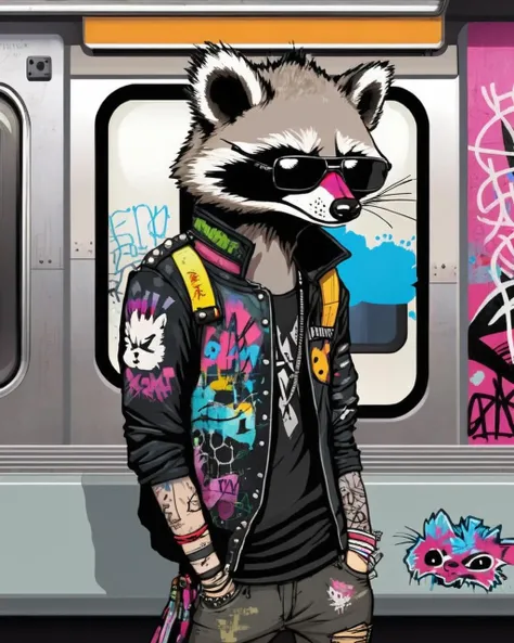 A punk-inspired raccoon with a nose ring and a mohawk, sits on a subway car covered in graffiti, radiating a bold and edgy punk personality:1.5, punk-inspired raccoon:1.2, nose ring:1.2, mohawk:1.1, sits on subway car:1.1, covered in graffiti:1.1, bold and edgy:1.1, punk personality:1.1. , anipunks<lora:anipunks_sdxl:1.0>