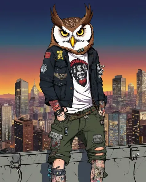 A defiant owl with a safety pin nose piercing and ripped cargo pants, perches on a rooftop ledge overlooking the city, embodying the wisdom and rebellion of punk culture:1.5, defiant owl:1.2, safety pin nose piercing:1.2, ripped cargo pants:1.1, rooftop ledge:1.1, city:1.0, wisdom:1.0, rebellion:1.0, punk culture:1.1. , anipunks<lora:anipunks_sdxl:1.0>