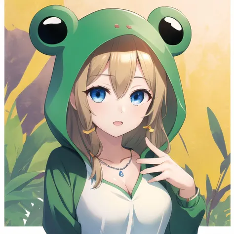 best quality, masterpiece, ultra-detailed, best quality, Frog costume A, frog costume, animal costume, aahayasaka,  medium breasts, necklace,