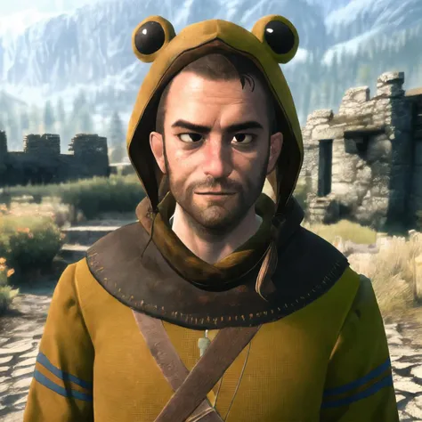 best quality, masterpiece, ultra-detailed, best quality, Frog costume B, frog costume, animal costume, gaunterW3_soul3142, solo, black eyes, facial hair, beard,