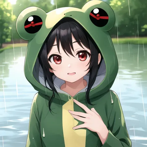best quality, masterpiece, ultra-detailed, best quality, Frog costume B, frog costume, animal costume, nico yazawa, black hair, (red eyes:1.5), rain, outdoors, puddles