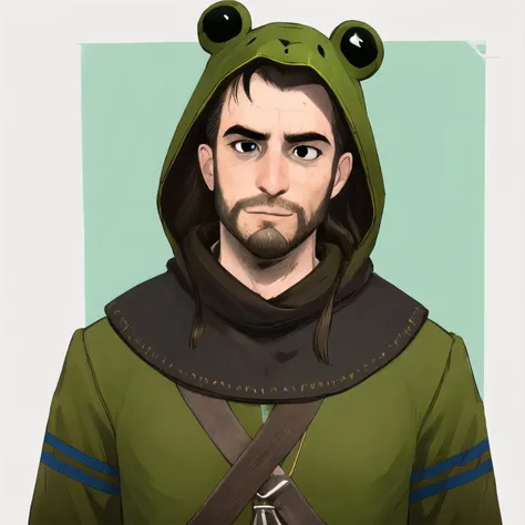 best quality, masterpiece, ultra-detailed, best quality, Frog costume B, frog costume, animal costume, gaunterW3_soul3142, solo, black eyes, facial hair, beard,