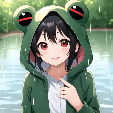 best quality, masterpiece, ultra-detailed, best quality, Frog costume A, frog costume, animal costume, nico yazawa, black hair, (red eyes:1.5), rain, outdoors, puddles