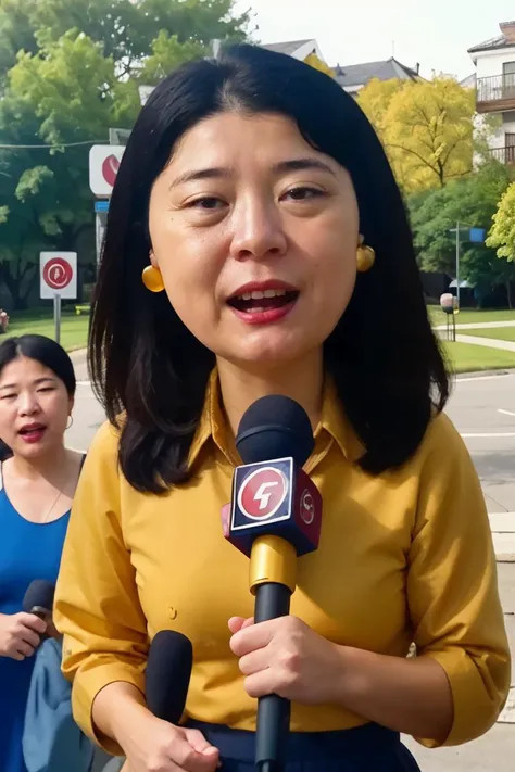 <lora:Tricia:0.75>,  realistic photo of Tricia, a middle aged (asian:0.5) woman, yellow shirt,blue jacket, dress skirt, gold earrings, facing viewer, solo, black hair, standing,upper body, holding red microphone,outdoors,(masterpiece:1.0), (best quality:1.0), beautiful, (intricate details), unity 8k wallpaper, ultra detailed, sunlight, outdoors, outside, candid photo