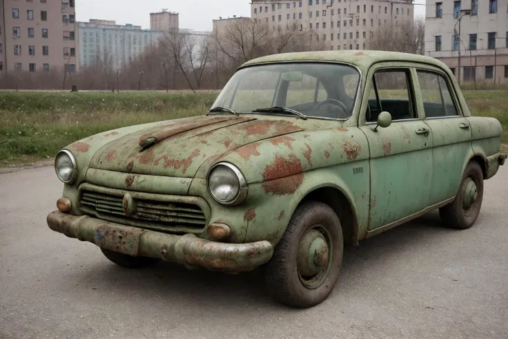 a shitty old green soviet car from the 1960's, ugly, sad, rusty, rust holes, poor styling, USSR, Moscow in the background,