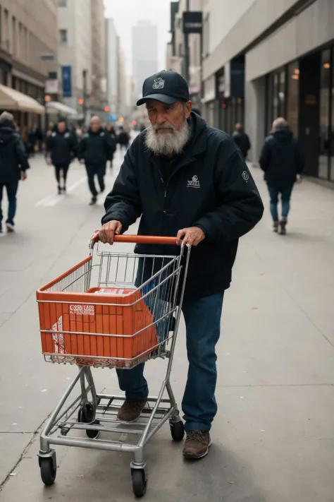 a homeless man is pushing a shopping cart
,,
highly detailed, realistic, absurdres, highly detailed skin, photorealistic, highres, natural skin, 8k uhd, best quality, film grain, Fujifilm XT3, highly detailed face,