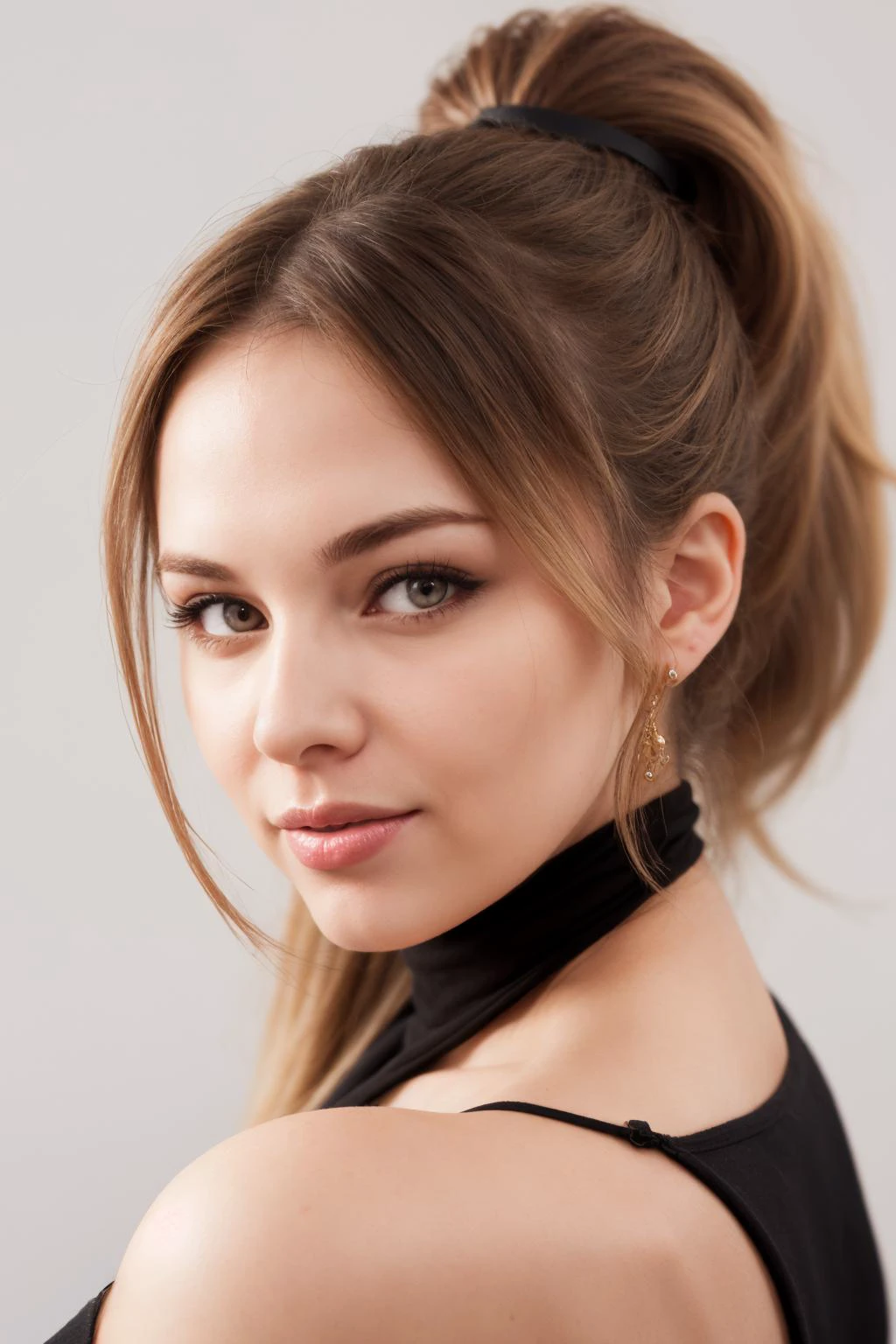 caucasian blonde woman, age 30 years old, ponytail, beautiful, flirtatious,, portrait, linkedin, white background,,