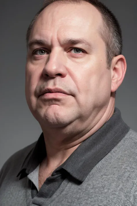 fat ugly white man, age 46 years old, serious, portrait, linkedin, grey background, from side, looking at viewer,