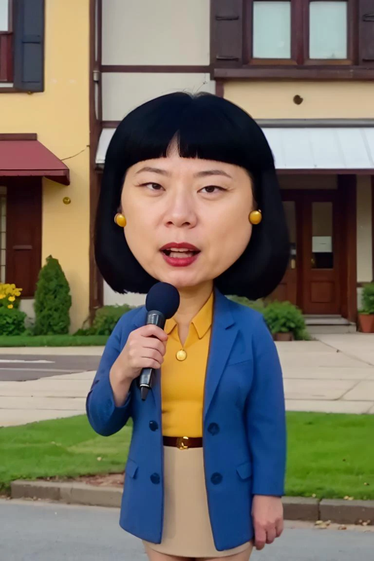 <lora:Tricia:0.75>, realistic photo of Tricia, a middle aged (asian:0.4) woman, yellow shirt,blue jacket, dress skirt, gold earrings, facing viewer, solo, black hair, standing,upper body, holding red microphone,outdoors,(masterpiece:1.0), (best quality:1.0), beautiful, (intricate details), unity 8k wallpaper, ultra detailed, sunlight, outdoors, outside, candid photo