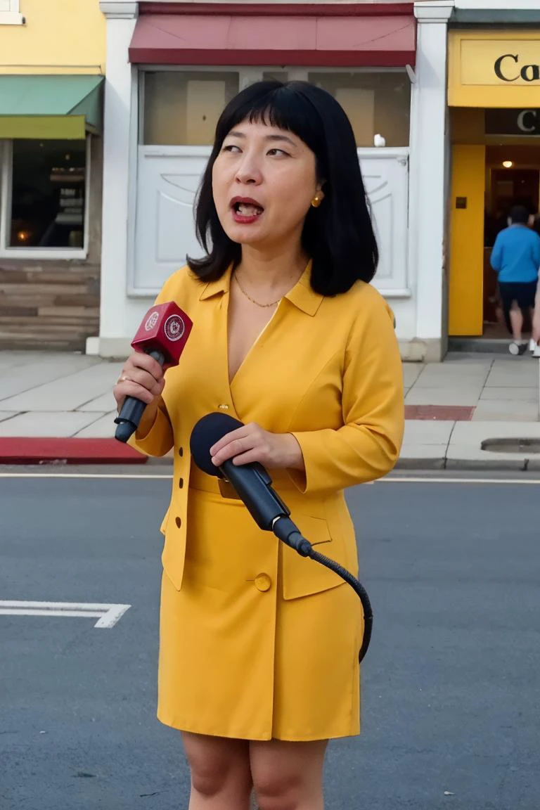 <lora:Tricia:0.75>, realistic photo of Tricia, a middle aged (asian:0.4) woman, yellow shirt,blue jacket, dress skirt, gold earrings, facing viewer, solo, black hair, standing,upper body, holding red microphone,outdoors,(masterpiece:1.0), (best quality:1.0), beautiful, (intricate details), unity 8k wallpaper, ultra detailed, sunlight, outdoors, outside, candid photo