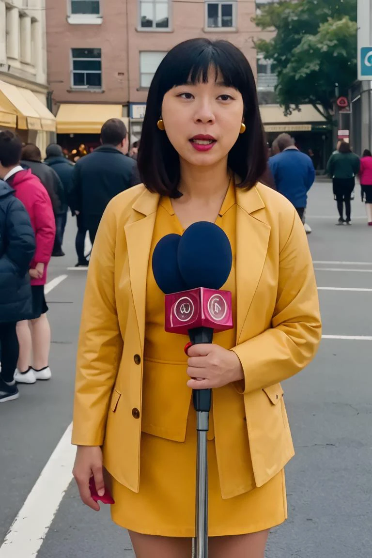 <lora:Tricia:0.75>, realistic photo of Tricia, a middle aged (asian:0.5) woman, yellow shirt,blue jacket, dress skirt, gold earrings, facing viewer, solo, black hair, standing,upper body, holding red microphone,outdoors,(masterpiece:1.0), (best quality:1.0), beautiful, (intricate details), unity 8k wallpaper, ultra detailed, sunlight, outdoors, outside, candid photo