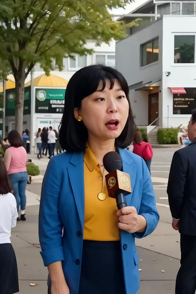<lora:Tricia:0.75>, realistic photo of Tricia, a middle aged (asian:0.5) woman, yellow shirt,blue jacket, dress skirt, gold earrings, facing viewer, solo, black hair, standing,upper body, holding red microphone,outdoors,(masterpiece:1.0), (best quality:1.0), beautiful, (intricate details), unity 8k wallpaper, ultra detailed, sunlight, outdoors, outside, candid photo