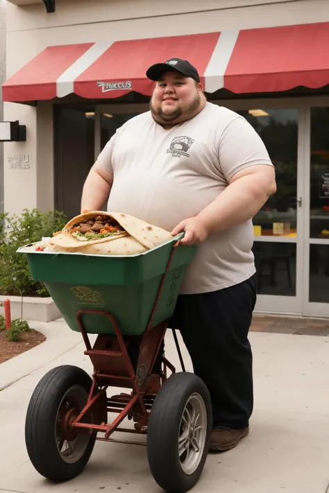 a (fat:0.5) man pushing a wheelbarrow with a large burrito in it, neckbeard, outside of a taco bell restaurant,