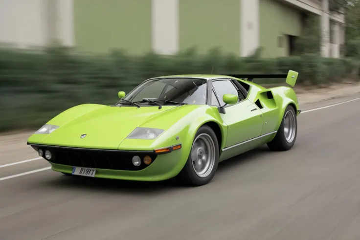 the most radical italian supercar from the 1970's, lime green paint, era specific styling, driving,, motion blur,