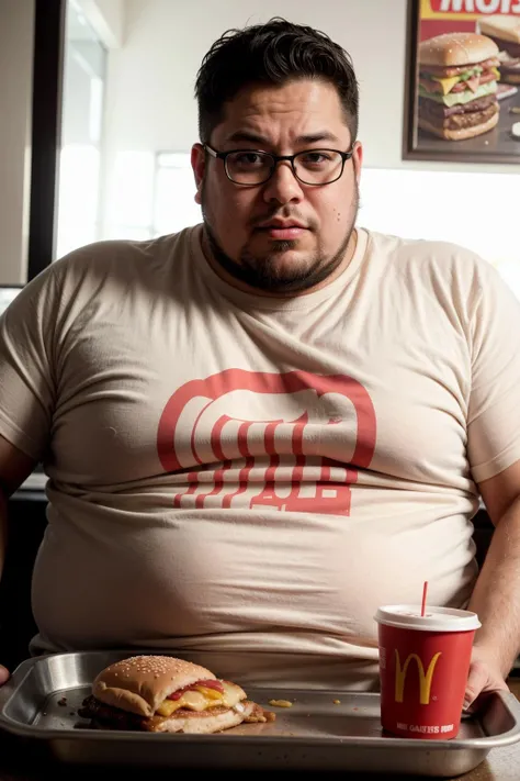 ((HD photo)), Hyper realistic, hires:1.4, 8k, a fat man / Steven seagal / 40 years old, sitting, holding ramen bowl, badly fitting t shirt, overweight messy hair, nerd glasses, leering, greasy, stained jeans, dark bedroom, posters, game console, pc, dakimura, poorly lit, incel, anime nerd, neckbeard, dirty walls,