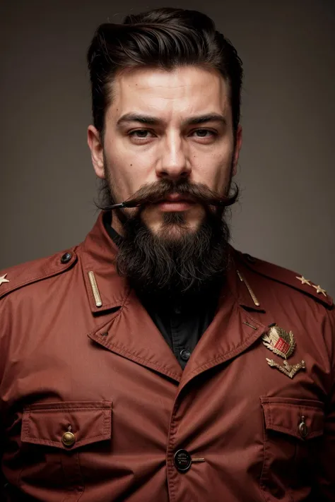 a modern day josef stalin, massive mustache, (massive pompadour:1.2), red army hipster,