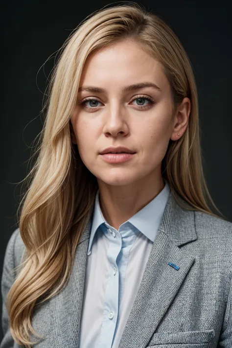 a caucasian business woman age 35 years old, linkedin profile picture, long blonde hair, blue eyes, fashionable, professional, business suit, skin imperfections, (mole:0.8), beautiful, natural eyes,natural skin, highly detailed skin, grey background, headshot,,
highly detailed, realistic, absurdres,  photorealistic, highres,  8k uhd, best quality, film grain, Fujifilm XT3, highly detailed face, fine fabric emphasis,