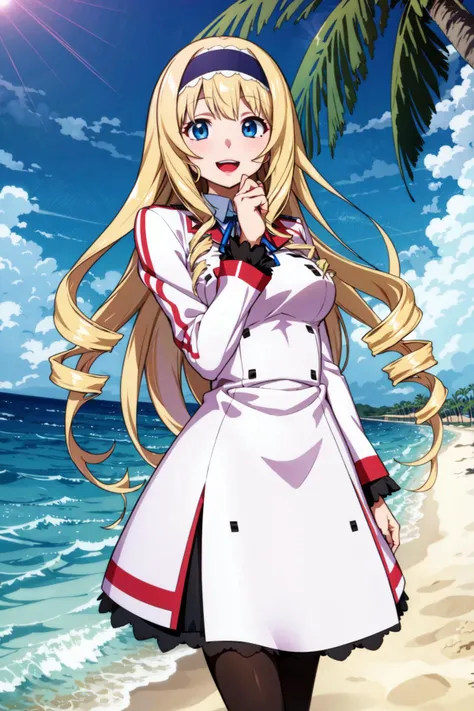 (masterpiece:1.2), best quality, ultra high res, unity 8k wallpaper, (illustration:1.0), (beautiful detailed eyes:1.6), extremely detailed face, Cinematic lighting, high contrast , clear color, (perfect hands,perfect anatomy), (dynamic angle and pose:1.3), best angle, (1girl, solo:1.5), BREAK
cecilia alcott, long hair, very long hair, blue eyes, blonde hair, drill hair, blue hairband, hairband, curly hair, BREAK
pantyhose, school uniform, ribbon, blue ribbon, black pantyhose, (white dress, white skirt:1.1), long sleeves, BREAK
smile, open mouth, BREAK
(palm tree:1.3), (ocean:1.3), (outdoors:1.2), (sky:1.2), (beach:1.4), (walking:1.3),