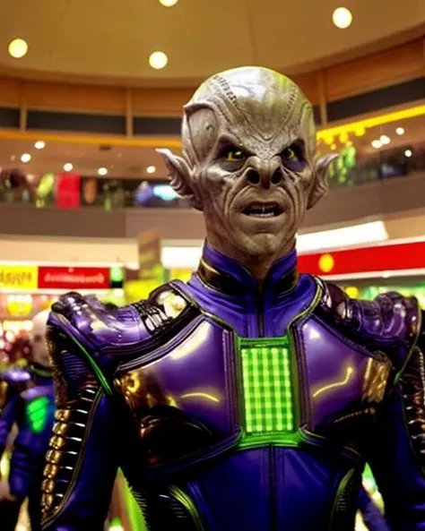 reman, alien, male, pointy ears, yellow eyes, wearing reman uniform, wide shot, front view, in a shopping mall, blurry crowd of shoppers in background, indoors, indoor lighting, <lora:reman_lora:0.8>