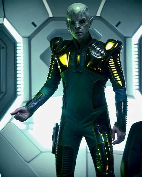 reman, alien, male, pointy ears, yellow eyes, pale greyish skin, wearing reman uniform, medium shot, front view, standing on a starship, moody, cinematic, 8k, highly detailed, <lora:reman_lora:0.8>
