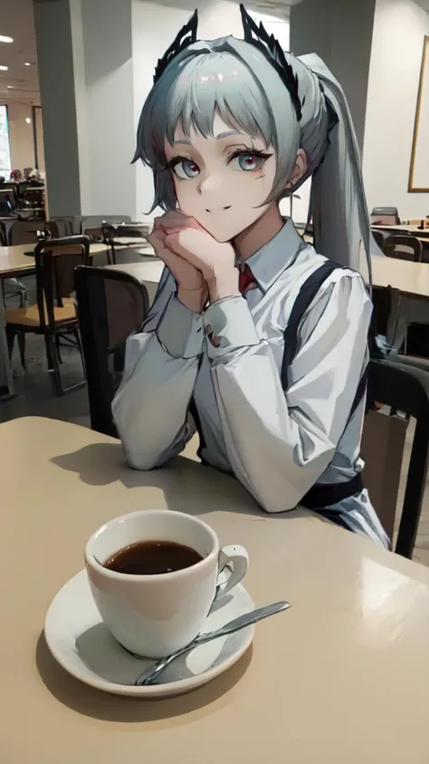 (8k uhd, masterpiece, best quality, high quality, absurdres, ultra-detailed), 1girl,
ponytail, silver hair, red iris, circular iris, grey eyes, grinning at viewer,
(white shirt),
(hand rest on table), (cafe), coffee cup on table,photo background,<lora:irene-000010:1> , <lyco:fictional-cosmetics-10:1>,