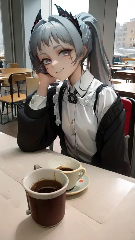 (8k uhd, masterpiece, best quality, high quality, absurdres, ultra-detailed), 1girl,
ponytail, silver hair, red iris, circular iris, grey eyes, grinning at viewer,
(cardigan),
(hand rest on table), (cafe), coffee cup on table,photo background,<lora:irene-000010:1> , <lyco:fictional-cosmetics-10:1>,