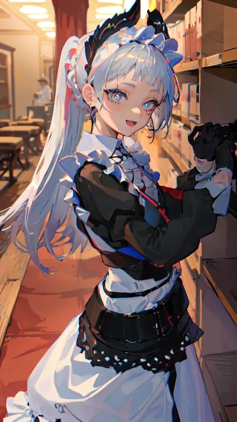 masterpiece, best quality, perfect lighting, 1girl,voyage,cowboy shot,red pupils,:d,store,leaning beside shelf <lora:irene-000010:1>
