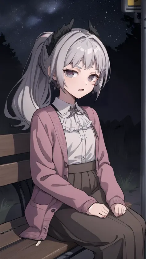 (8k uhd, masterpiece, best quality, high quality, absurdres, ultra-detailed), 1girl,
ponytail, silver hair, red iris, circular iris, grey eyes, looking at viewer, ;3, smug, looking at viewer, open mouth,
(purple cardigan,), collared shirt,
(bus stop,bush,forest background, dark atmosphere, starry sky,), long skirt,sitting, waiting bench,photo background,lamppost,
,<lora:more_details:0.4> ,<lora:irene-000010:0.75> ,<lyco:lowkey_v1.1:0.4>, <lyco:Smug:1>, <lora:hair_intakes:0.4>