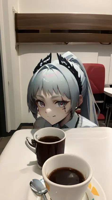 (8k uhd, masterpiece, best quality, high quality, absurdres, ultra-detailed), 1girl,
ponytail, silver hair, red iris, circular iris, grey eyes, grinning at viewer,
(cardigan),
(hand rest on table), (cafe), coffee cup on table,photo background,<lora:irene-000010:1> , <lyco:fictional-cosmetics-10:1>,