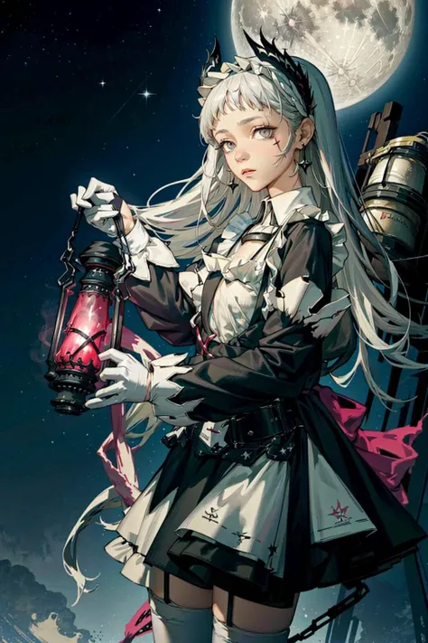 1girl,(Tattered clothes:1.1),long white hair, (white stockings:1.1),grey eyes, <lora:irene-000010:1> , holding lantern, voyage, fantasy,(light:1.3),dark theme,magic,moon,upper body,starry sky,