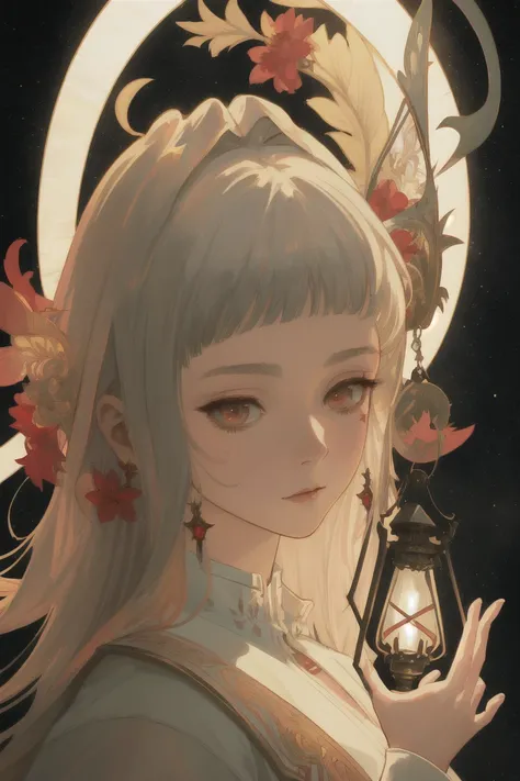 dreamlikeart,dreamlike art, (masterpiece:1.0),  llustration, single,(1girl),(extremely detailed CG unity 8k wallpaper),( best quality:0.8),(mksks style:0.9),   flat color, limited palette, low contrast,(ligne claire), full body shot, beautiful face,looking at viewer, long straight black hair, halo, red lycoris flower in the background, lycoris, drawn by Alphonse Mucha , irene, irenehead, holding lamp, drawn by Peter Mohrbacher