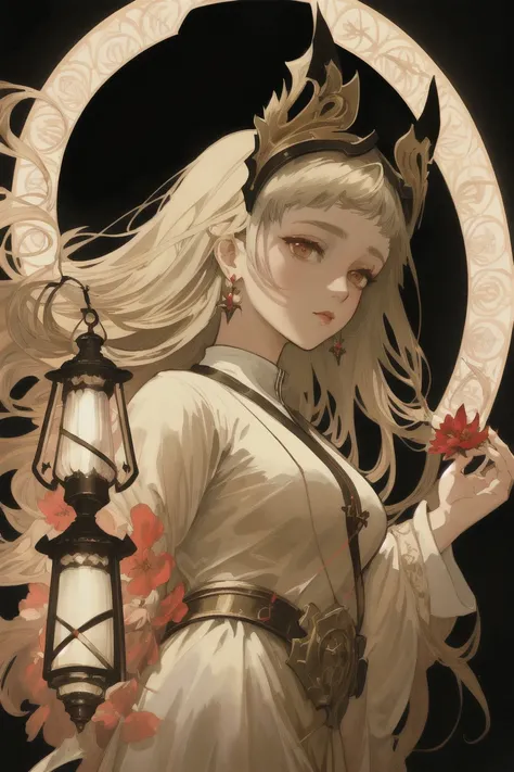 dreamlikeart,dreamlike art, (masterpiece:1.0), llustration, single,(1girl),(extremely detailed CG unity 8k wallpaper),( best quality:0.8),(mksks style:0.9), flat color, limited palette, low contrast,(ligne claire), full body shot, beautiful face,looking at viewer, long straight black hair, halo, red lycoris flower in the background, lycoris, drawn by Alphonse Mucha , irene, irenehead, holding lamp, drawn by Peter Mohrbacher