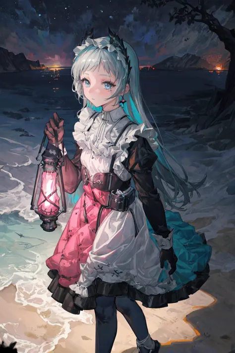 masterpiece, best quality, extremely detailed, ultra-detailed, illustration, hires, 8k, detailed illustration, 1girl, walking in a cyan-blue beach, black tree silhouettes, dark blue midnight sky with twinkling white stars,<lora:more_details:0.5 >,<lora:irene-000010:1 >,holding lantern