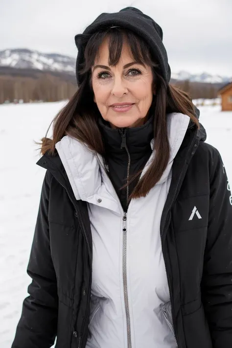 <lora:mona:1>,mona,gilf,skiing clothes with open jacket deep cleavage, Fujifilm X-T3,1/1250sec at f/2.8,ISO 160,84mm,RAW photo,Uplight,wide shot,ideal face template,film grain,distance from camera,RAW Photo, DSLR,