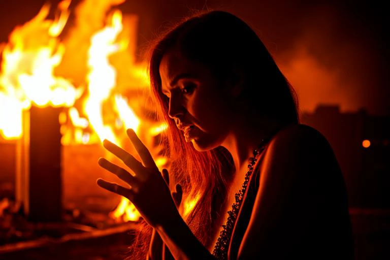 a medium shot photo of a demonic sorceress conjuring fire in a burning and destroyed village, Intricate, High Detail, dramatic, best quality masterpiece, photorealistic, detailed, 8k, HDR, backlighting, bloom, light sparkles, chromatic aberration, sharp focus,film, detailed hands and Detailed 5 fingers and Detailed 5 finger nails