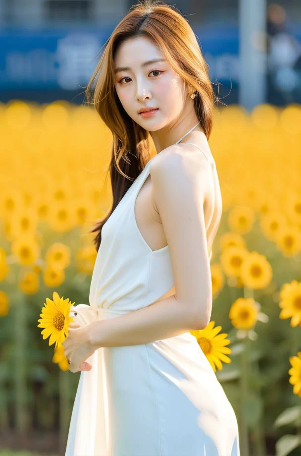 a korean idol,mature body,Yunjin, (upper body:1.5), nikon RAW photo,8 k, Fujifilm XT3,masterpiece, best quality, realistic, photorealistic, ultra detailed, extremely detailed face, solo, standing, fashionable and trendy atmosphere, and a stylish expression on her face, close up, (narrow waist), white dress on field of sun flowers,<lora:Tissue_LE SSERAPHIM_Hunjin_v1.0:0.8>
