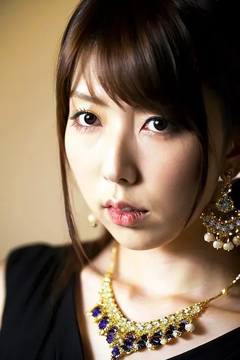 A photo of a Japanese woman named hatanoyui,face,Detailed pupils,skin texture,From front,Detailed eyes,necklaces, earrings, jewelry,eye shadow,skin pores,(wearing dress:1.2),<lyco:hatanoyui-amateurV1:0.65>,(closed mouth),sexy lips