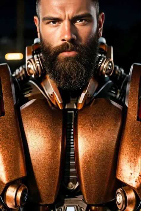 Portrait photo of muscular bearded guy in a worn mech suit, ((light bokeh)), intricate, (steel metal [rust]), elegant, sharp focus, photo by greg rutkowski, soft lighting, vibrant colors,((streets)), (detailed face),(masterpiece:1.2) and (best quality:1.2) and (photorealistic:1.4) and (Realistic:1.4) and Detailed Skin Textures and detailed skin pores