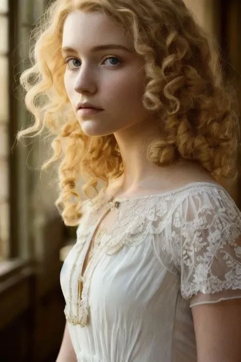 indoors, cinematic film still of a blond young woman in a diaphanous summer dress, victorian updo, curly locks, detailed face, intricately detailed, depth of field, dramatic backlighting