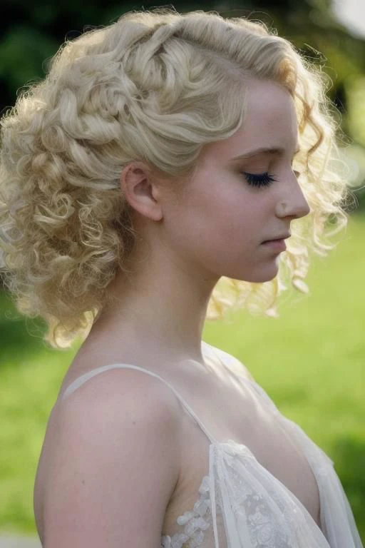 indoors, cinematic film still of a blond young woman in a diaphanous summer dress, 18 year old, victorian updo, curly locks, cornea reflections, perfect eyes, detailed skin texture, skin bump, subsurface scattering, transluscent skin, skin fuzz, peach skin, vellus hair, goose bump, detailed face, intricately detailed, depth of field, dramatic backlighting