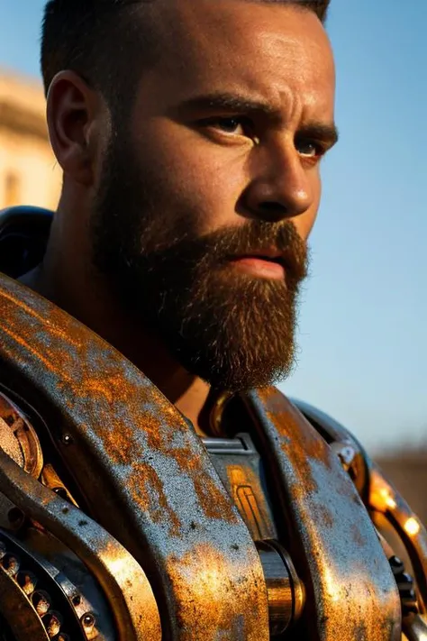 Portrait photo of muscular bearded guy in a worn mech suit, ((light bokeh)), intricate, (steel metal [rust]), elegant, sharp focus, photo by greg rutkowski, soft lighting, vibrant colors,((streets)), (detailed face),(masterpiece:1.2) and (best quality:1.2) and (photorealistic:1.4) and (Realistic:1.4) and Detailed Skin Textures and detailed skin pores