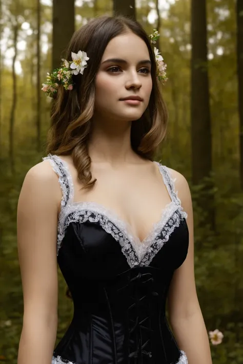 best quality, masterpiece, (photorealistic:1.4), Close up, 1 girl, upper body, Black Dress, Corset, long hair, flowers around, forest background, sweet girl, IDOL,  -- Face Details:1.7 -- <lora:Aiko-01:1>