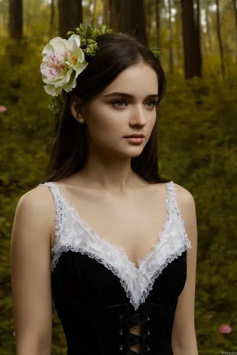 best quality, masterpiece, (photorealistic:1.4), Close up, 1 girl, upper body, Black Dress, Corset, long hair, flowers around, forest background, sweet girl, IDOL, -- Face Details:1.7 -- <lora:Aiko-01:1>